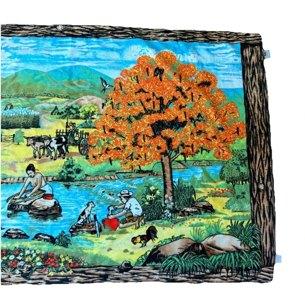 Vintage 1970s Hilasal Beach Towel Folk Art Village River Scene Landscape Bath